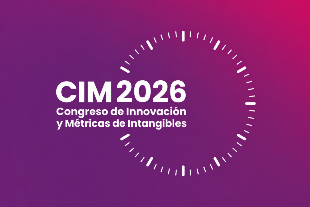 Cartel del CIM2026, Congreso de Innovación y Métricas de Intangibles, con letras blancas sobre fondo morado.